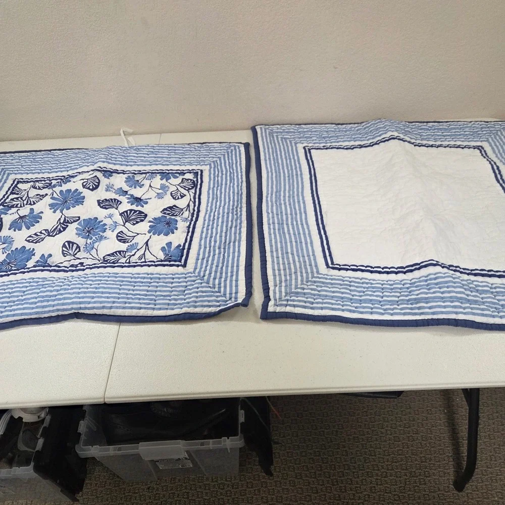 Company Store Blue White Floral Striped Quilted Pillow Shams Set of 2